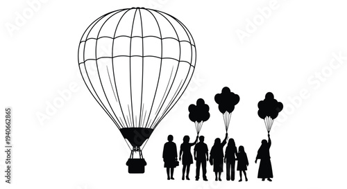 Silhouettes of people releasing balloons near a hot air balloon