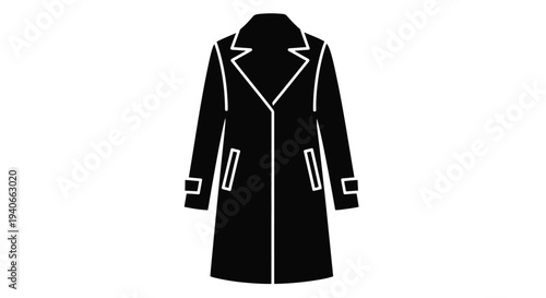A black and white illustration of a long classic overcoat