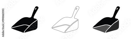 Vector dustpan icons set black filled white outline gray cleaning tool broom dust pan household chore hygiene sweep simple line illustration