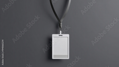 A blank white ID badge with a grey lanyard hangs against a dark grey background, ready for personalization for an employee or event attendee.