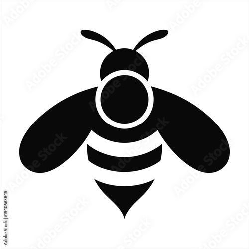 Stylized black bee icon with stripes and wings on white background