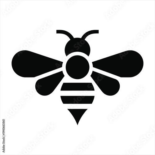 Simple black bee illustration with wings and stripes on white background