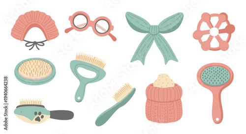 Pet care accessories and grooming tools collection featuring various brushes, combs, hats, glasses, bows, and toys for beloved animal companions.