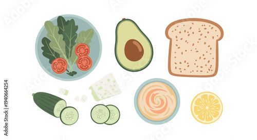 Healthy food ingredients for a nutritious meal are arranged in a flat lay illustration, showcasing fresh vegetables, bread, and dips for a balanced diet.