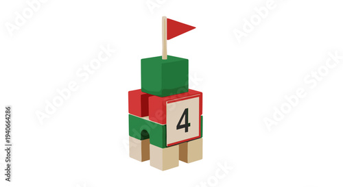 Colorful toy building blocks stacked vertically, featuring a red flag on top and the number four prominently displayed on one of the red cubes.