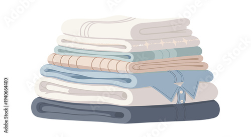 Stack of neatly folded clothes and textiles in various soft colors, ready for storage or use, representing domestic chores and organization.
