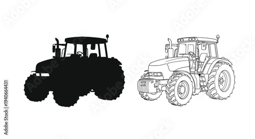 Two depictions of a modern tractor a silhouette and a line drawing