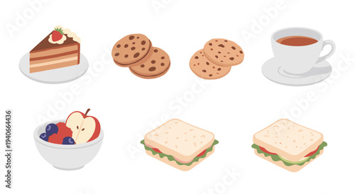 Food items and drinks including cake, cookies, coffee, fruit, and sandwiches are presented in a delightful isometric illustration.