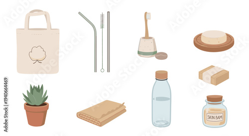 Eco-friendly zero-waste sustainable lifestyle products are thoughtfully displayed, representing a conscious commitment to environmental responsibility and mindful consumption.