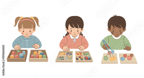 Three diverse children playing educational learning activities with colorful toys and materials, fostering development and fine motor skills.