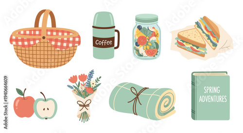 Spring picnic essentials collection features a basket, thermos, salad, sandwiches, apples, flowers, blanket, and a book for outdoor adventures.