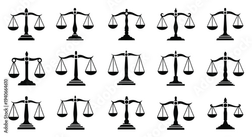 A collection of black scales of justice arranged in a grid pattern