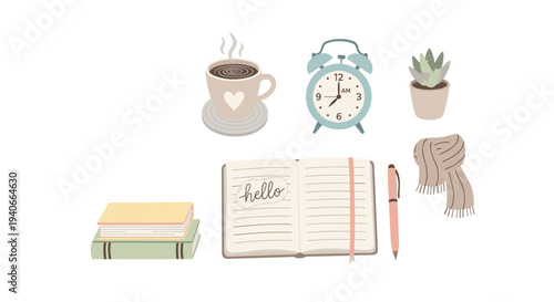 Cozy collection of daily essentials and comfort items for a productive morning routine or a relaxing study session, rendered in a charming flat lay illustration style.