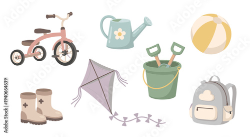 Children's toys and outdoor play items are neatly arranged in a charming collection, perfect for springtime adventures and summer fun.