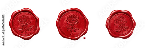 Konstfotografi Set of red wax seal stamps with rose flower embossed pattern isolated on transpa