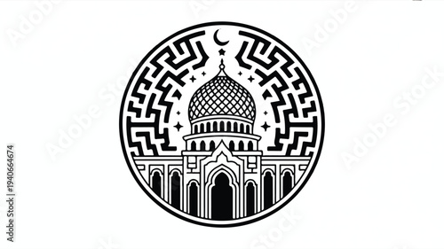 Islamic mosque building with dome and crescent moon in circular maze pattern
