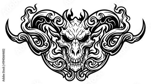 Dragon Skull with Horns and Smoke Bold Fantasy Metal Vector Emblem Illustration