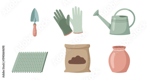 Various gardening tools and supplies for planting seeds and nurturing plants, including a trowel, gloves, watering can, seedling tray, soil bag, and pot.