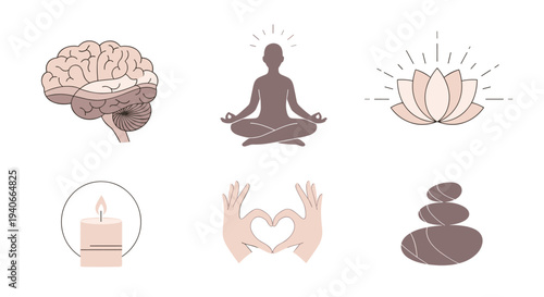 Wellness icons representing mental health, meditation, spiritual balance, relaxation, and self-care i
