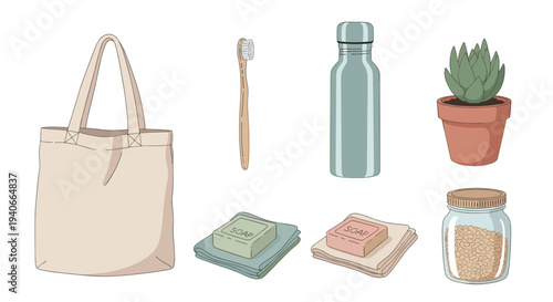 Eco-friendly zero waste products collection for sustainable living, including a reusable tote bag, bamboo toothbrush, water bottle, and natural soap.