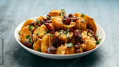 Patatas bravas with chorizo and sauce. Spanish traditional food