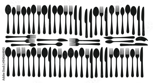 Black and white illustration of various silverware and dining utensils