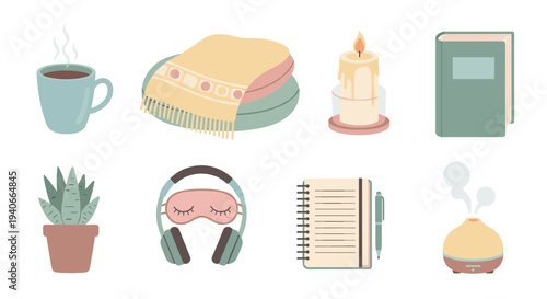 Cozy home comfort items for a relaxing self-care routine including a steaming mug, blanket, candle, book, plant, headphones, notebook, and diffuser.