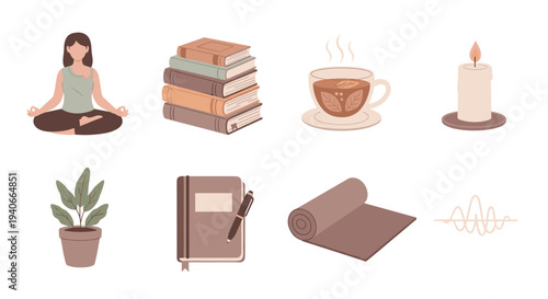 Wellness and mindfulness objects for a peaceful lifestyle, including meditation, reading, tea, and relaxation elements in a flat design illustration.