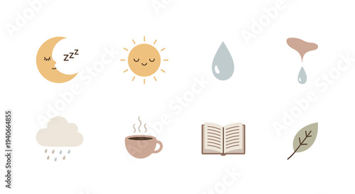 Cute minimalist daily life icons representing nature, weather, and cozy activities like sleeping, reading, and drinking coffee in a gentle, earthy color palette.