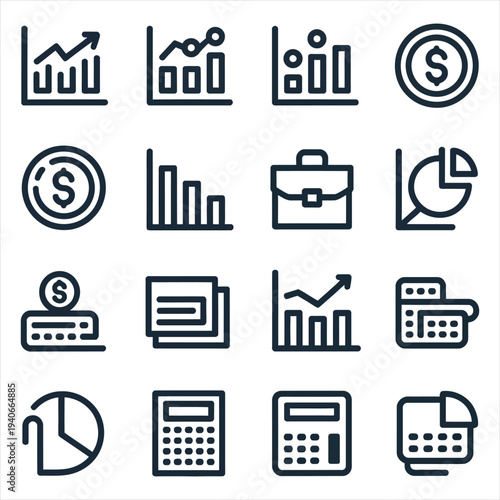 Business and finance outline icons, collection of essential symbols for financial reports, data analysis and office tools