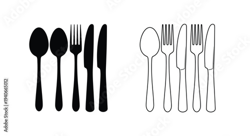 Black and white cutlery set illustrations showcasing dining utensils