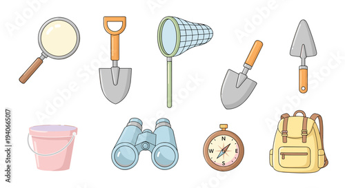 Outdoor exploration tools and equipment set for children's adventures, gardening, and nature discovery, presented as a colorful cartoon illustration.