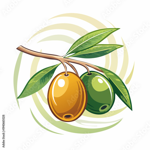 Fresh olives on a branch with leaves in a natural setting