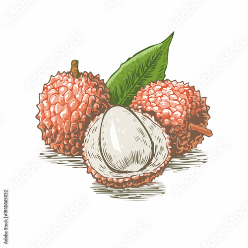 A vibrant illustration of lychee fruits with leaves on a surface