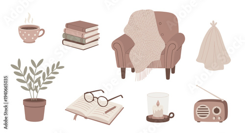 Cozy home elements for comfortable living and relaxation, featuring an armchair, books, coffee, and a plant in a warm, inviting illustration.