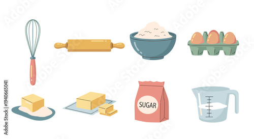 Baking ingredients and tools are essential items for preparing delicious homemade treats, including flour, sugar, eggs, butter, a whisk, and a rolling pin.