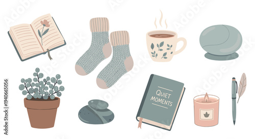 Cozy items for relaxation and mindfulness are beautifully illustrated in a charming, flat design style, perfect for creating a serene atmosphere.