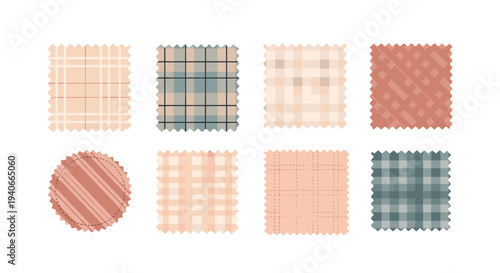 Various fabric swatches featuring diverse plaid and striped patterns in a soft, muted color palette, perfect for textile design and fashion concepts.