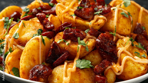 Bild auf Leinwand Patatas bravas with chorizo and sauce. Spanish traditional food