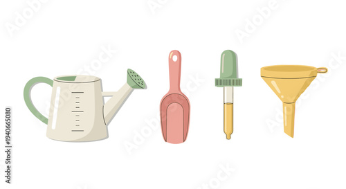 Essential gardening tools, watering can, scoop, dropper, and funnel, displayed in a clean, modern flat illustration style for plant care.