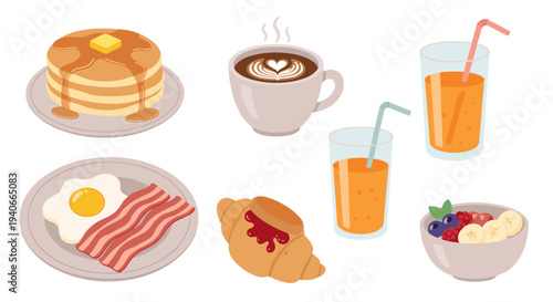 Delicious breakfast food items are neatly arranged, showcasing a variety of morning meal options including pancakes, coffee, juice, eggs, bacon, croissant, and fruit.