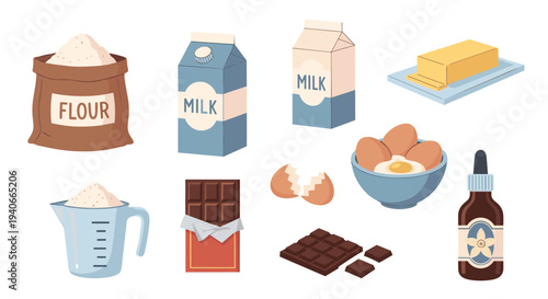 Baking ingredients collection includes flour, milk, eggs, butter, chocolate, and vanilla extract, essential for delicious homemade recipes.