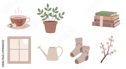 Cozy home and garden items collection featuring a steaming cup of tea, potted plant, stack of books, window, watering can, and warm knitted socks.