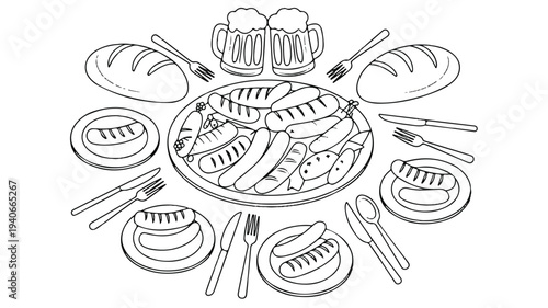 Sausages and bread on plates with beer and cutlery on white background