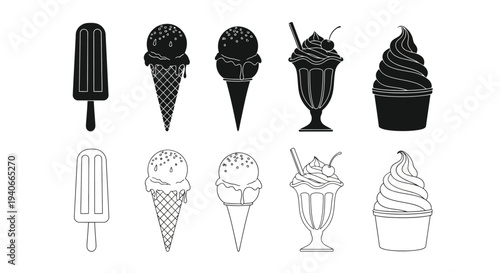 Black and white illustration of various ice cream treats and popsicles