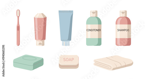 Personal hygiene products and bathroom essentials collection featuring shampoo, conditioner, soap, toothbrush, and various creams for daily care.