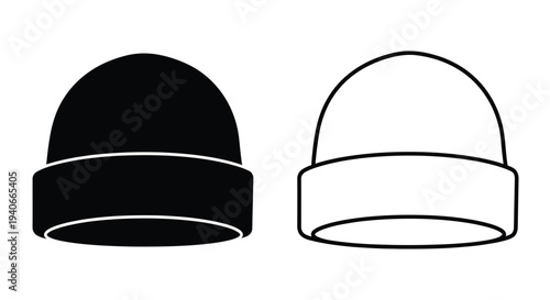 Two beanie hats one solid one outlined in black and white