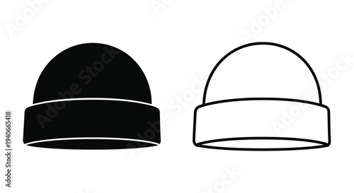 Two beanie hats a solid black version and a white outline style