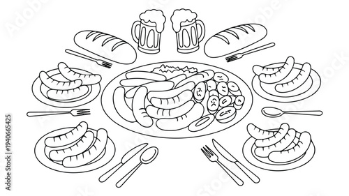 sausages on plates with bread and beer mugs