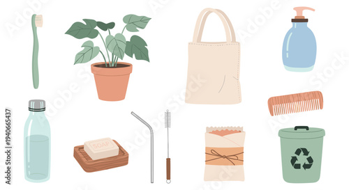 Eco-friendly items for sustainable living are thoughtfully arranged, showcasing a collection of essential products for an environmentally conscious lifestyle.
